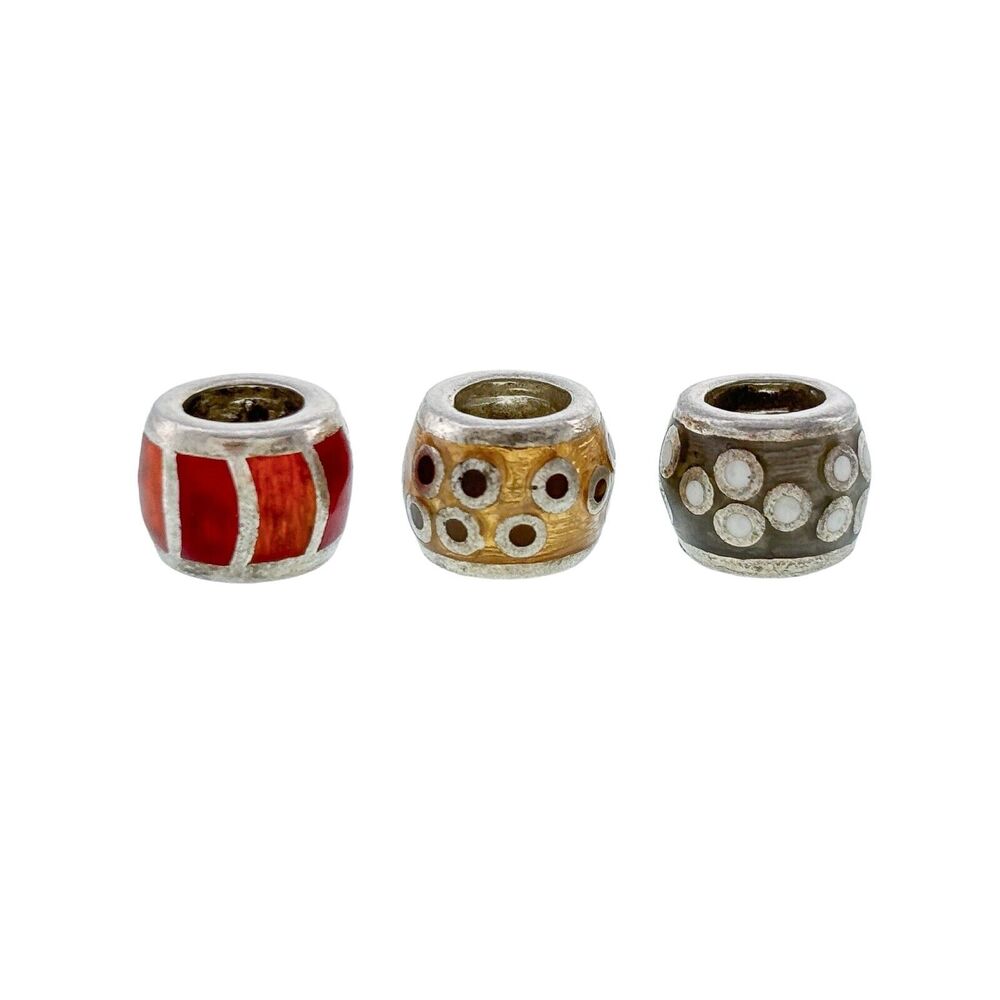 Lot of 3 Sterling Silver 925 Red Yellow Gray Enamel Spacer Charm Beads